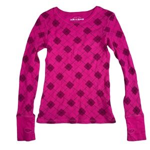 Arizona Favorite Thermal Long Sleeve Top Argyle Thumb Hole Large Pink Y2K Preppy